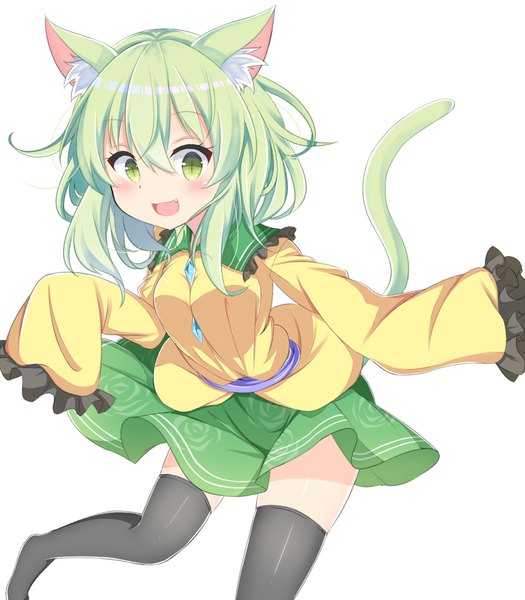 Anime picture 1200x1371 with touhou komeiji koishi amashi (qcmrq906) single long hair tall image looking at viewer fringe open mouth simple background smile hair between eyes white background green eyes animal ears tail long sleeves animal tail green hair cat ears