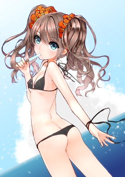 Anime picture 1414x2000 with original yadapot long hair tall image looking at viewer blue eyes light erotic brown hair twintails sky cloud (clouds) ass hair flower wind flat chest wavy hair girl hair ornament ribbon (ribbons) swimsuit