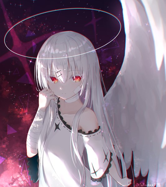 Anime picture 2866x3224 with original tokano 56 single long hair tall image looking at viewer highres red eyes signed silver hair arm up from above off shoulder wide sleeves sparkle twitter username angel wings anaglyph angel bandaid on face