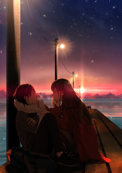 Anime picture 2894x4093 with original macaronk long hair tall image fringe highres short hair black hair hair between eyes brown hair sitting full body bent knee (knees) outdoors parted lips profile night open clothes high heels night sky