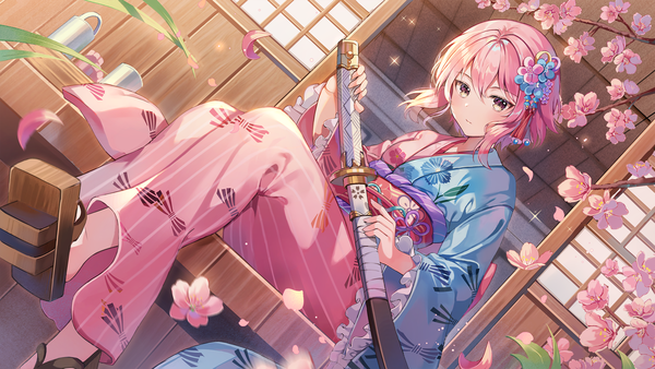 Anime picture 2560x1440 with alchemy stars hiiro (alchemy stars) auro drm single looking at viewer blush fringe highres short hair hair between eyes wide image sitting holding yellow eyes pink hair outdoors traditional clothes japanese clothes hair flower blurry