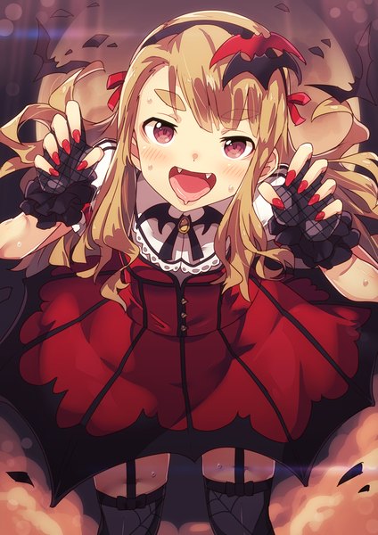 Anime picture 849x1200 with idolmaster idolmaster million live! miyao miya narumi arata single long hair tall image looking at viewer blush fringe open mouth blonde hair nail polish pink eyes from above teeth fang (fangs) eyebrows red nail polish my dear vampire