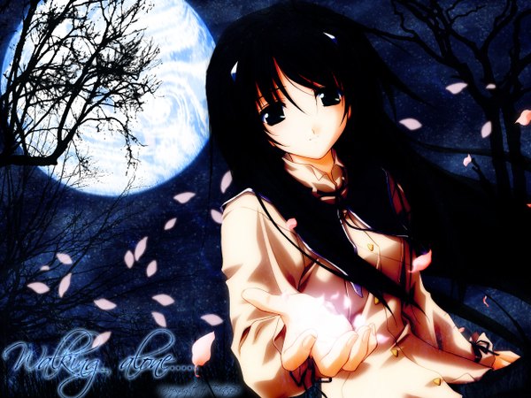 Anime picture 1280x960 with memories off misasagi inori sasaki mutsumi single long hair looking at viewer black hair black eyes inscription night girl petals moon full moon