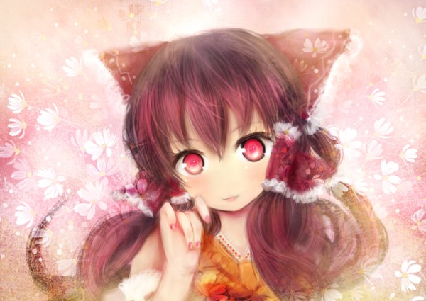 Anime picture 1365x968 with touhou hakurei reimu moekyon single long hair looking at viewer red eyes red hair girl flower (flowers) bow hair bow