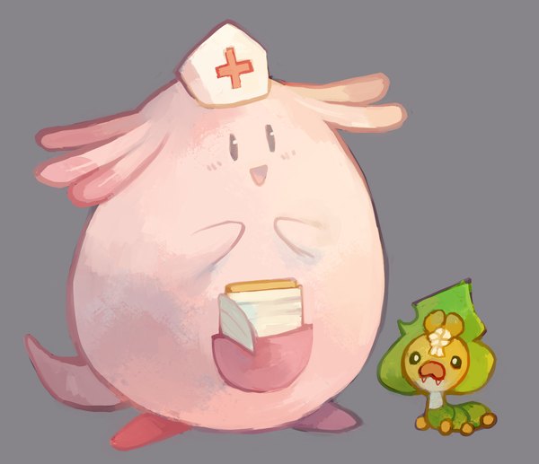 Anime picture 1280x1105 with pokemon nintendo chansey sewaddle glitchedpuppet open mouth simple background grey background no people gen 1 pokemon gen 5 pokemon insect nurse cap pokemon (creature)