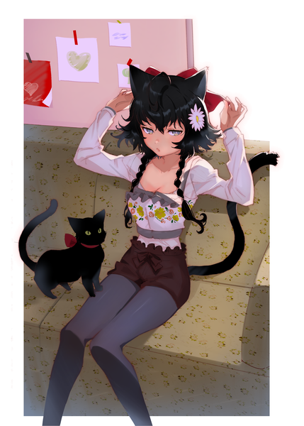 Anime picture 2591x3624 with original arutera single tall image looking at viewer blush fringe highres short hair open mouth black hair hair between eyes sitting animal ears cleavage ahoge tail braid (braids) long sleeves animal tail