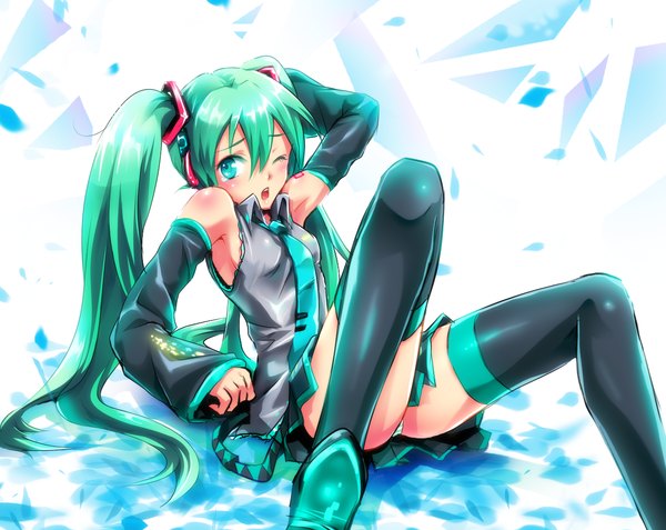 Anime picture 1262x1004 with vocaloid hatsune miku nyamako (artist) long hair blush open mouth light erotic twintails one eye closed aqua eyes wink aqua hair pantyshot sitting girl thighhighs detached sleeves necktie thigh boots