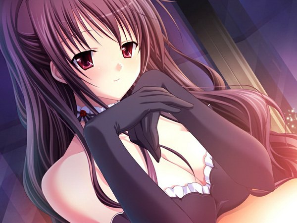 Anime picture 1024x768 with prima stella light erotic red eyes game cg purple hair girl gloves elbow gloves collar