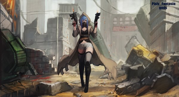 Anime picture 2072x1128 with original pixiv fantasia pixiv fantasia t gods single looking at viewer highres breasts blue eyes wide image holding blue hair cleavage zettai ryouiki text english walking ruins destruction shot