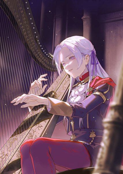 Anime picture 1000x1407 with fire emblem fire emblem: three houses nintendo edelgard von hresvelg mo (ine mao) single long hair tall image sitting purple eyes looking away bent knee (knees) white hair indoors long sleeves parted lips playing instrument girl uniform ribbon (ribbons)