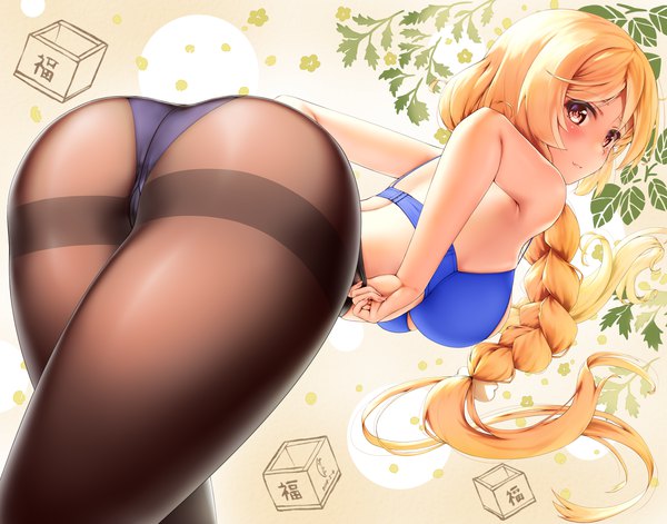Anime picture 2800x2200 with kantai collection minegumo destroyer jiangjin nanyun zhi (kumita) single long hair looking at viewer blush fringe highres breasts light erotic blonde hair hair between eyes red eyes standing bare shoulders ass braid (braids) looking back leaning