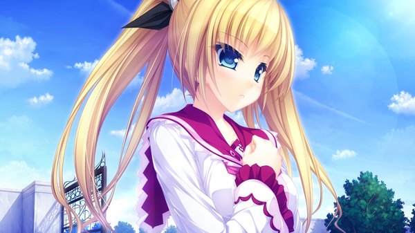 Anime picture 1920x1080 with usotsuki ouji to nayameru ohime-sama tsukioka izumi tenmaso long hair blush highres blue eyes blonde hair wide image twintails game cg sky cloud (clouds) girl uniform bow hair bow school uniform