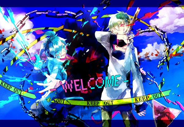 Anime picture 1400x969 with kagerou project shaft (studio) ene (kagerou project) konoha (kagerou project) haruu shun looking at viewer open mouth blue eyes red eyes twintails blue hair sky cloud (clouds) multicolored hair green hair inscription couple text facial mark glowing