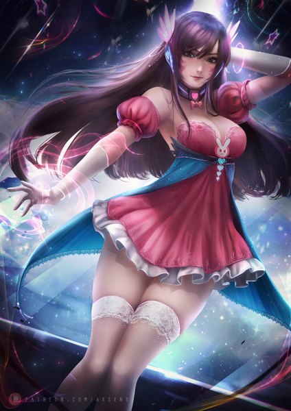 Anime picture 3532x5000 with overwatch blizzard entertainment d.va (overwatch) axsen single long hair tall image looking at viewer blush fringe highres breasts light erotic hair between eyes brown hair large breasts standing brown eyes signed absurdres