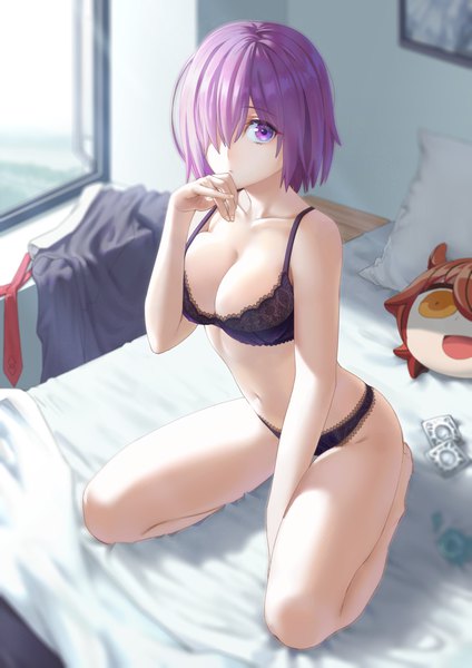 Anime picture 2894x4093 with fate (series) fate/grand order mash kyrielight fujimaru ritsuka (female) doconim single tall image looking at viewer fringe highres short hair breasts light erotic large breasts purple eyes bare shoulders purple hair full body bent knee (knees) indoors