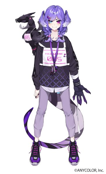 Anime picture 1579x2600 with virtual youtuber nijisanji nijisanji en selen tatsuki ember (selen tatsuki) kamameshi gougoumaru single long hair tall image looking at viewer simple background smile standing white background purple hair full body tail braid (braids) official art twin braids