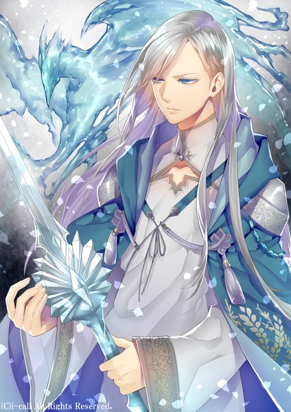 Anime picture 2480x3507 with tayuya1130 single long hair tall image highres blue eyes holding signed silver hair traditional clothes snowing winter boy weapon animal sword bird (birds) ice