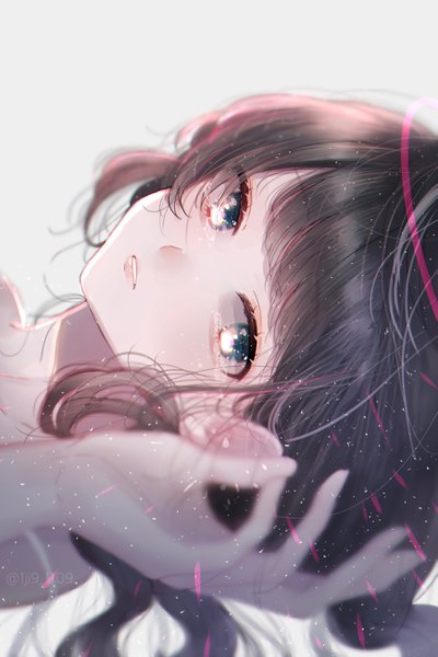 Anime picture 1737x2600 with original ichijiku (user yhjw8354) single long hair tall image looking at viewer fringe highres black hair simple background signed lying blunt bangs parted lips grey background on back grey eyes twitter username tears girl