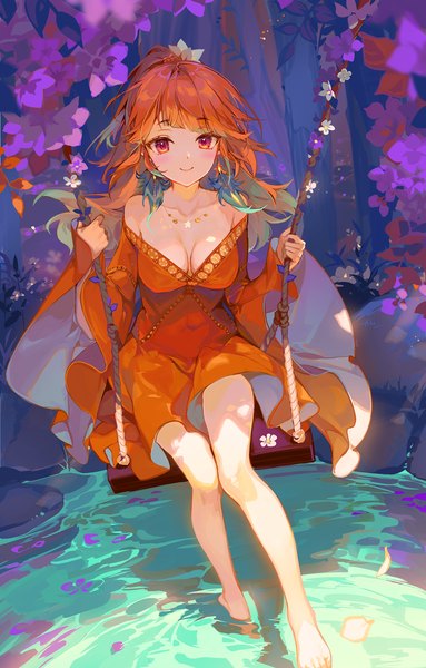 Anime picture 1403x2200 with virtual youtuber hololive hololive english takanashi kiara akizero1510 single long hair tall image looking at viewer breasts light erotic smile red eyes cleavage barefoot from above orange hair bare legs soaking feet girl