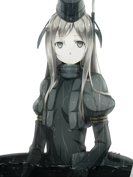 Anime picture 1000x1333 with kantai collection u-511 submarine akami fumio single long hair tall image looking at viewer blonde hair simple background white background wet grey eyes girl uniform hat water bodysuit gorget