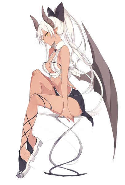 Anime picture 650x960 with original lpip single long hair tall image looking at viewer breasts light erotic simple background white background sitting yellow eyes full body bent knee (knees) white hair ponytail profile horn (horns) pointy ears dark skin
