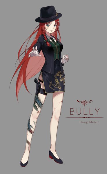 Anime-Bild 1151x1870 mit touhou hong meiling ekita xuan single long hair tall image looking at viewer simple background full body red hair braid (braids) aqua eyes grey background bare legs tattoo character names twin braids outstretched arm fighting stance blood on face