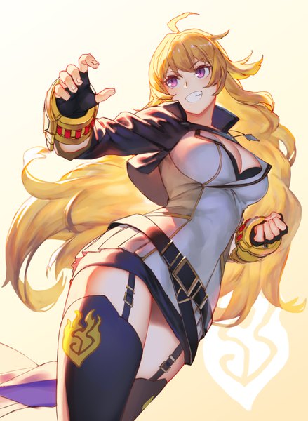 Anime picture 859x1175 with rwby rooster teeth yang xiao long ac (eshi) single long hair tall image blush fringe breasts simple background blonde hair hair between eyes standing purple eyes looking away cleavage ahoge gradient background clenched teeth