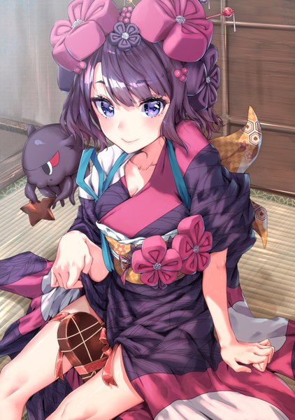 Anime picture 900x1279 with fate (series) fate/grand order katsushika hokusai (fate/grand order) sahara386 single tall image looking at viewer blush fringe short hair blue eyes light erotic smile hair between eyes sitting holding purple hair indoors traditional clothes japanese clothes