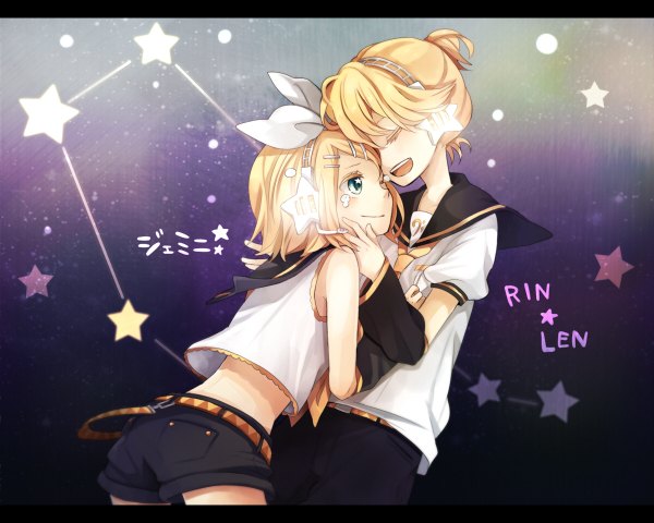 Anime picture 1200x960 with vocaloid gemini (vocaloid) kagamine rin kagamine len tama (songe) short hair blonde hair eyes closed aqua eyes tears letterboxed siblings twins girl boy ribbon (ribbons) hair ribbon detached sleeves necktie headset
