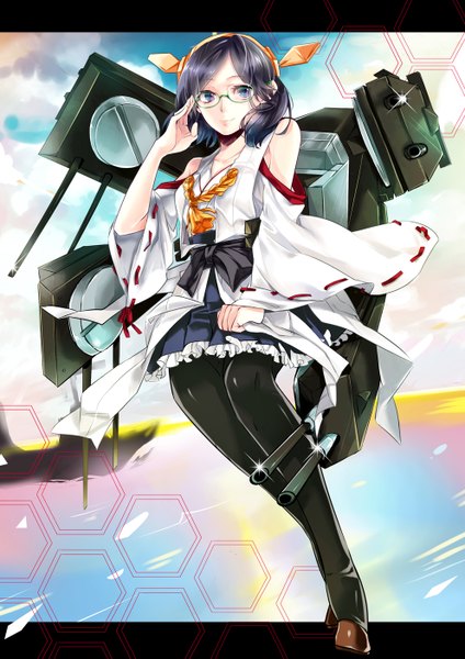 Anime picture 992x1403 with kantai collection kirishima battleship hiei battleship hisapanda single tall image looking at viewer short hair blue eyes black hair smile bare shoulders nontraditional miko girl dress weapon detached sleeves glasses hairband