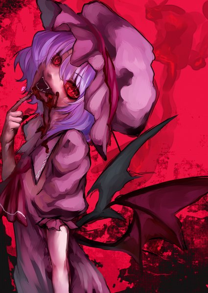 Anime picture 1000x1412 with touhou remilia scarlet karlwolf single tall image looking at viewer short hair open mouth simple background red eyes purple hair finger to mouth red background vampire girl dress wings blood bonnet