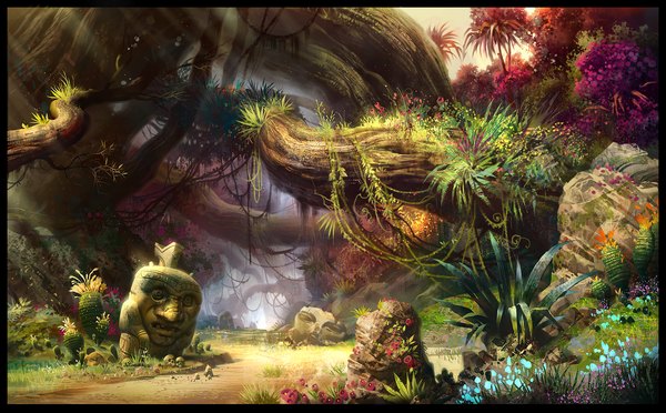 Anime picture 1600x992 with original ivany86 (artist) wide image sunlight no people landscape scenic nature flower (flowers) plant (plants) tree (trees) road statue roots