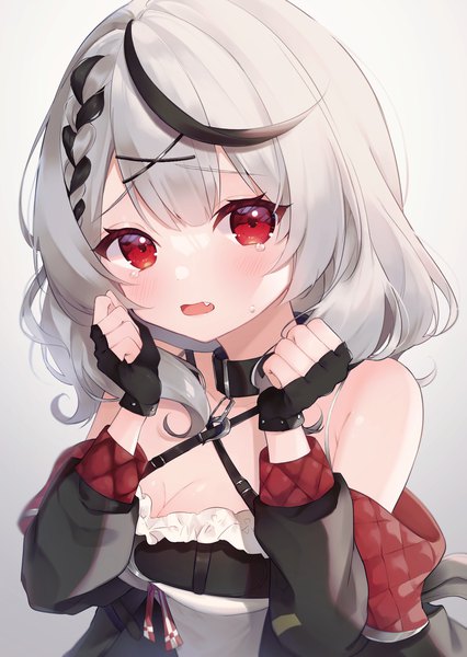 Anime picture 1447x2039 with virtual youtuber hololive sakamata chloe sakamata chloe (1st costume) akuo 11 single tall image looking at viewer blush short hair open mouth light erotic simple background red eyes cleavage silver hair upper body multicolored hair grey background fang (fangs)