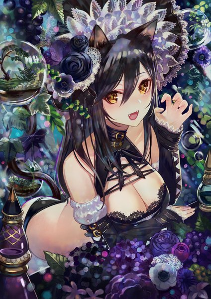 Anime picture 4093x5787 with original terai (teraimorimori) single long hair tall image looking at viewer blush fringe highres breasts open mouth light erotic black hair smile hair between eyes large breasts bare shoulders animal ears yellow eyes absurdres
