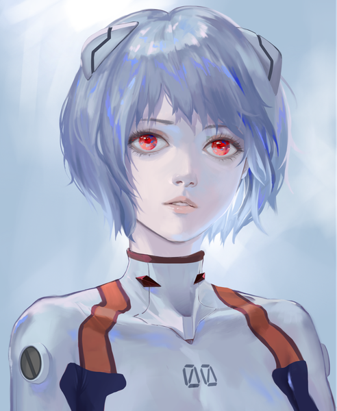 Anime picture 1050x1280 with neon genesis evangelion gainax ayanami rei qiangjitong single tall image short hair simple background red eyes looking away silver hair upper body parted lips realistic portrait blue background girl pilot suit