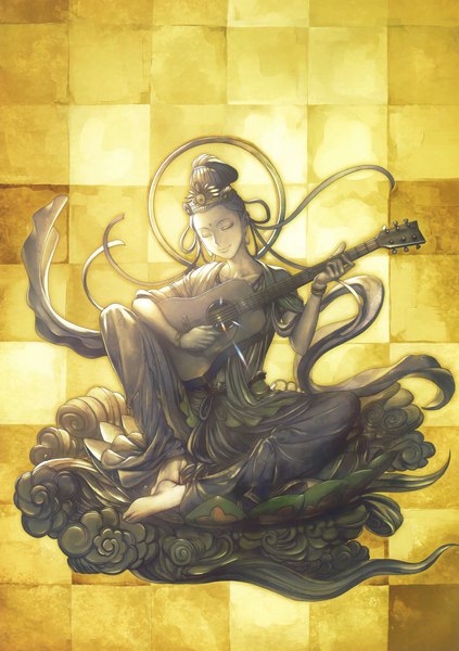 Anime-Bild 2116x3000 mit original eshi 100-nin ten hiroe rei single tall image highres sitting cloud (clouds) full body bent knee (knees) eyes closed traditional clothes head tilt barefoot scan no people checkered checkered background playing instrument girl