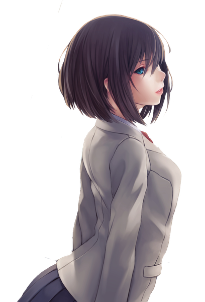 Anime picture 816x1200 with original kanden single tall image fringe short hair blue eyes black hair looking away parted lips lipstick transparent background pink lipstick rendered girl uniform school uniform