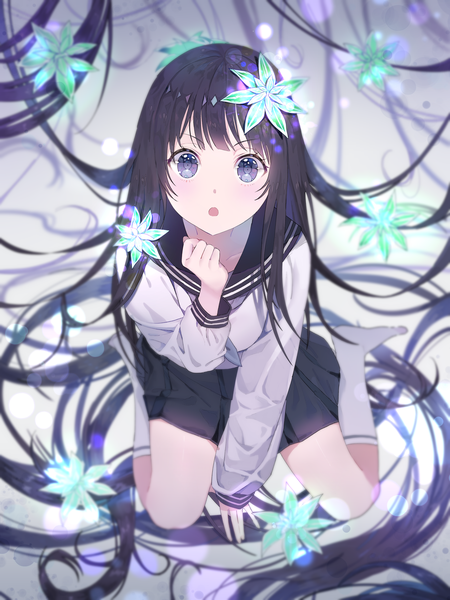 Anime-Bild 4500x6000 mit hyouka kyoto animation chitanda eru ppyono single tall image looking at viewer fringe highres open mouth black hair sitting purple eyes absurdres full body blunt bangs very long hair hair flower arm support no shoes