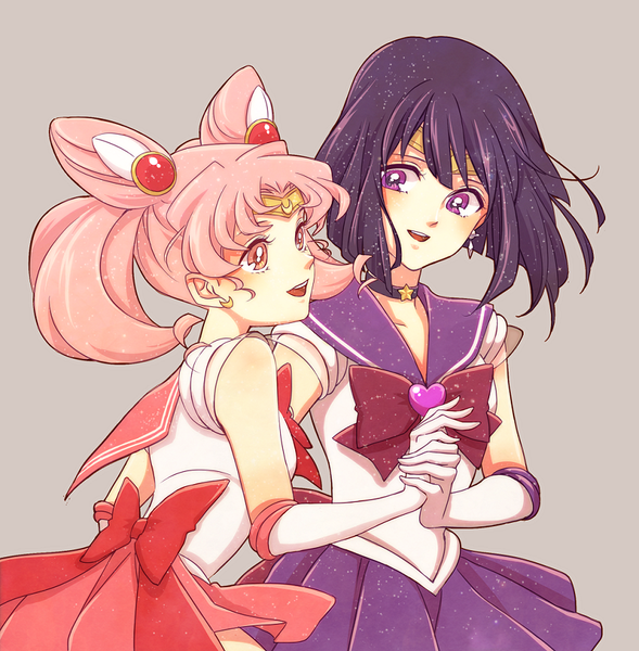 Anime picture 842x858 with bishoujo senshi sailor moon toei animation chibiusa tomoe hotaru inahachi long hair tall image blush short hair open mouth simple background smile purple eyes twintails multiple girls pink hair purple hair holding hands girl skirt