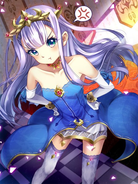 Anime picture 768x1024 with outbreak company feel (studio) petralka anne eldant iii bison cangshu single long hair tall image looking at viewer blue eyes blue hair loli hands on hips :t pout anger vein girl thighhighs dress gloves white thighhighs