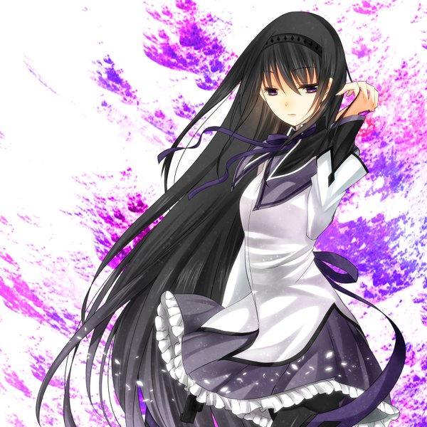 Anime picture 1600x1600 with mahou shoujo madoka magica shaft (studio) akemi homura yuni (irohasuiroiro) single long hair black hair purple eyes girl bow