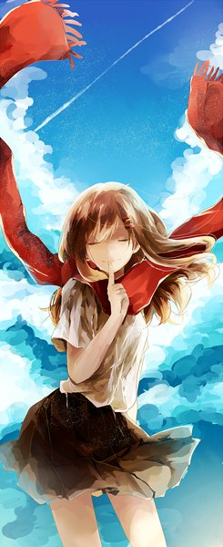 Anime picture 614x1500 with kagerou project shaft (studio) tateyama ayano kinami mochiko single long hair tall image fringe smile brown hair standing sky cloud (clouds) eyes closed pleated skirt finger to mouth girl skirt shirt white shirt