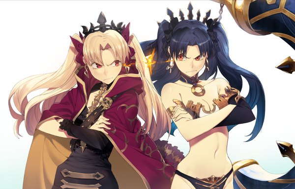 Anime picture 1200x772 with fate (series) fate/grand order ishtar (fate) ereshkigal (fate) ryota-h long hair fringe breasts light erotic simple background blonde hair red eyes white background multiple girls cleavage bare belly two side up floating hair turning head crossed arms