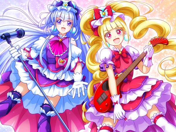 Anime-Bild 1600x1200 mit precure hugtto! precure toei animation ruru amour aisaki emiru cure amour cure macherie mimimix long hair looking at viewer blush fringe open mouth blonde hair smile red eyes standing purple eyes twintails multiple girls