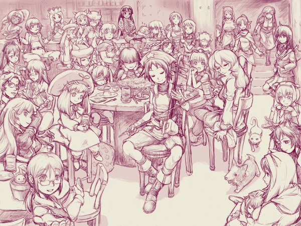 Anime picture 1318x992 with golden lore sanada-x long hair looking at viewer short hair open mouth smile standing sitting twintails multiple girls animal ears eyes closed light smile leaning looking down monochrome short twintails 6+ girls against wall