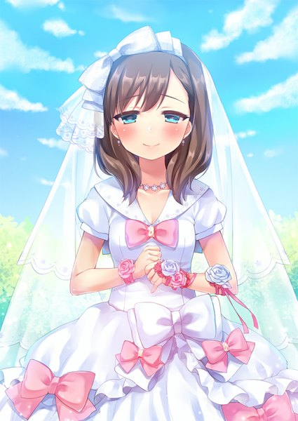 Anime picture 752x1062 with idolmaster idolmaster cinderella girls sakuma mayu fummy single tall image looking at viewer blush short hair blue eyes smile brown hair sky cloud (clouds) eternal bond girl dress flower (flowers) bow wedding dress