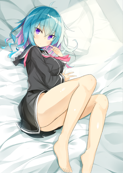 Anime picture 900x1258 with original kavka single long hair tall image looking at viewer blush fringe light erotic hair between eyes purple eyes blue hair bent knee (knees) ass multicolored hair barefoot from above two-tone hair colored inner hair girl