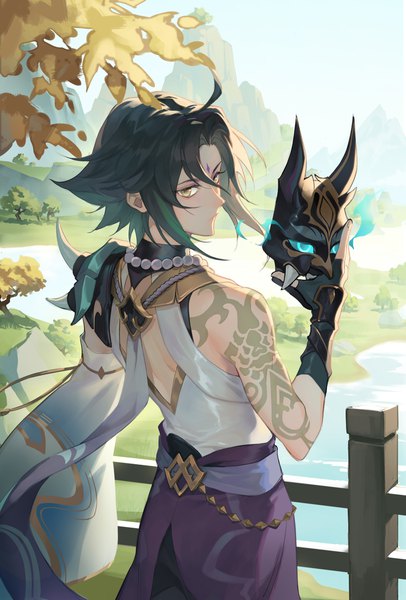 Anime picture 1800x2660 with genshin impact xiao (genshin impact) masa ashe single tall image highres short hair standing yellow eyes looking away from behind tattoo turning head mountain river forehead mark dark hair boy mask demon mask
