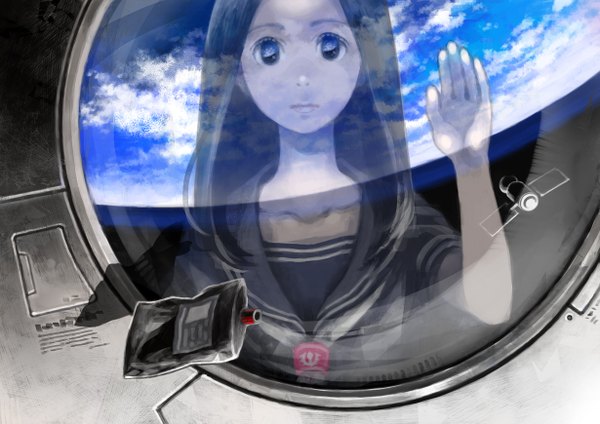 Anime picture 1230x870 with original pomodorosa single long hair black hair cloud (clouds) reflection space girl serafuku earth satellite porthole