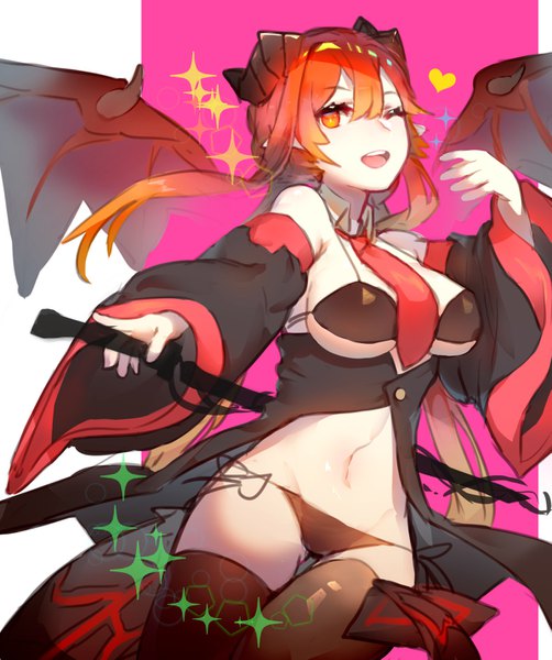 Anime picture 1197x1429 with original allos single long hair tall image looking at viewer fringe breasts open mouth light erotic simple background hair between eyes large breasts standing holding one eye closed horn (horns) pointy ears wink orange hair